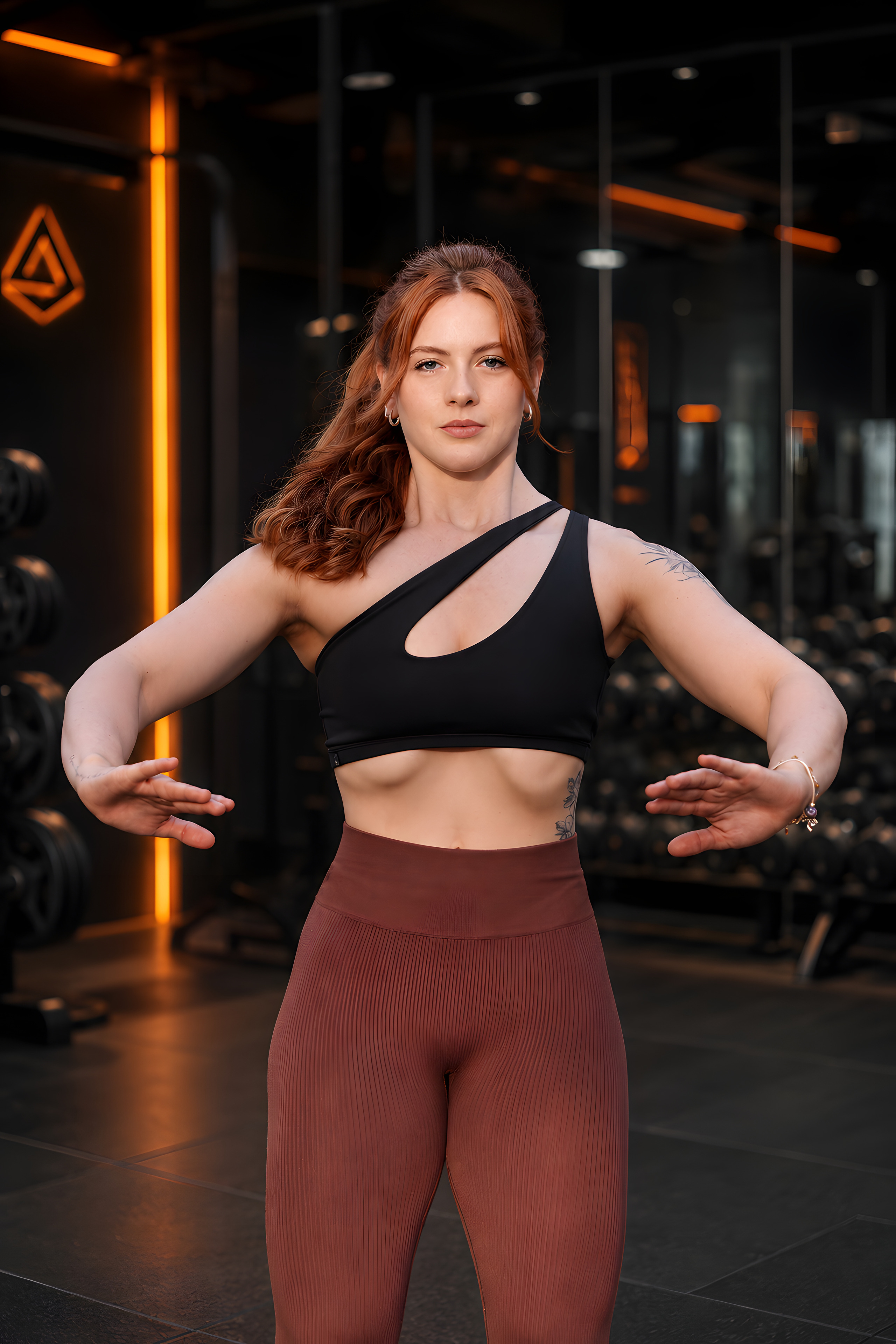Bianca em pé, com os braços abertos e as mãos à frente do abdômen, em uma academia.