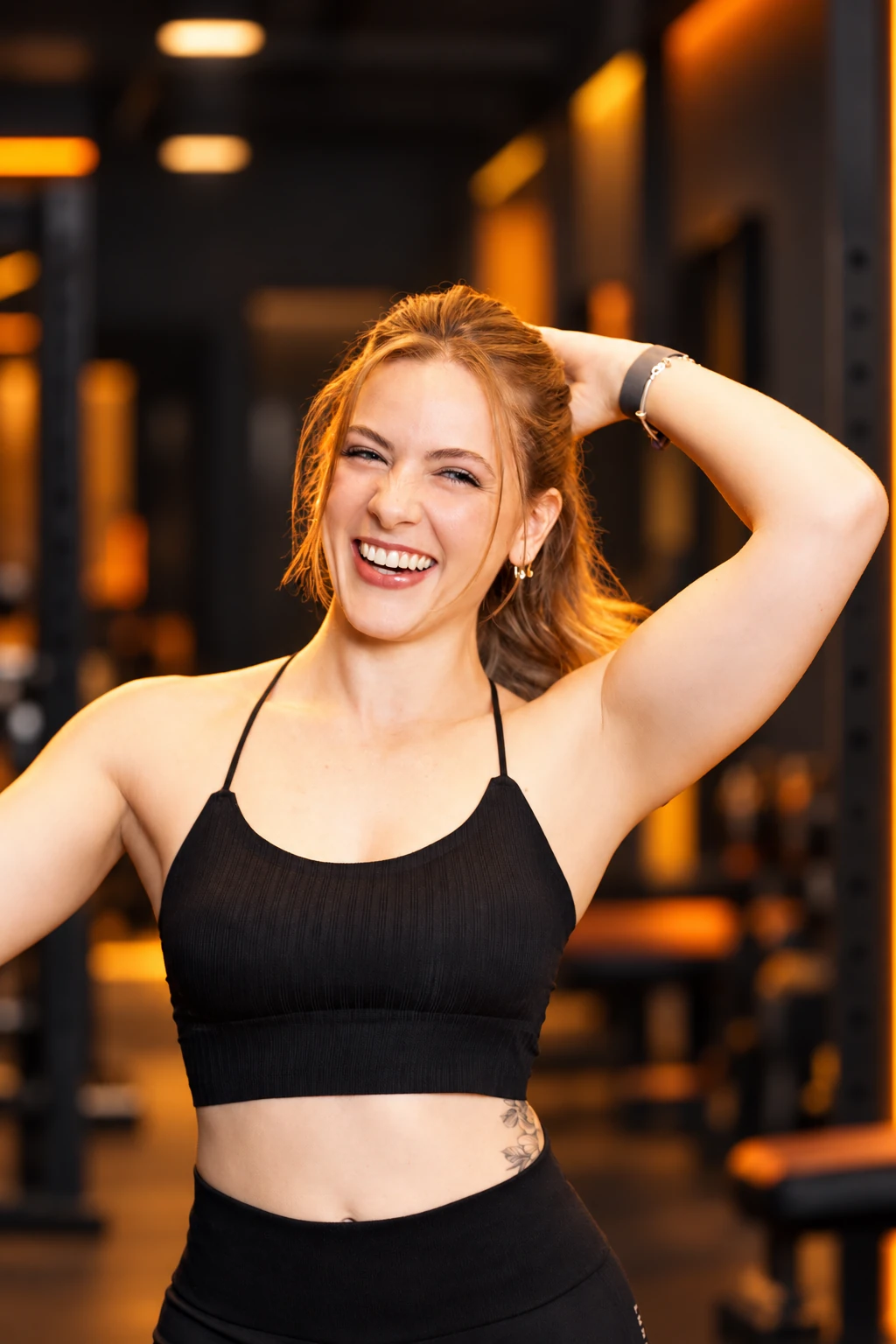 Bianca sorrindo na academia, com uma mão atrás da cabeça e iluminação laranja ao fundo.